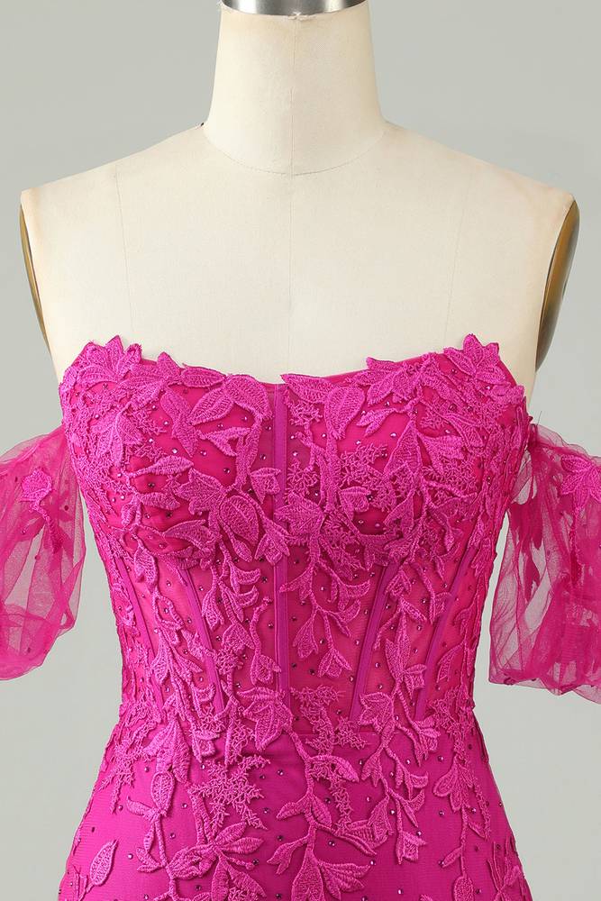 Off-Shoulder Fuchsia Appliques Bodycon Homecoming Dress