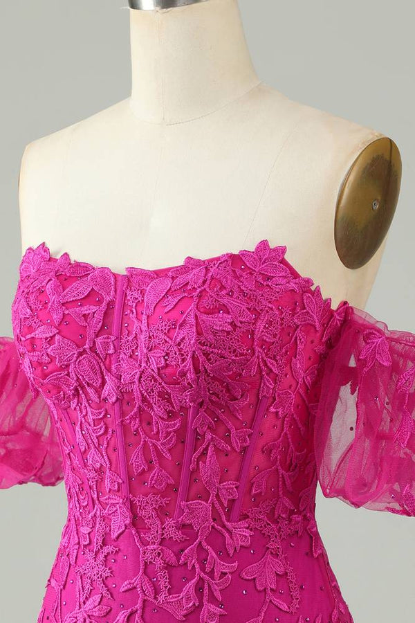 Off-Shoulder Fuchsia Appliques Bodycon Homecoming Dress