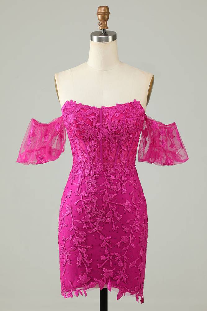 Off-Shoulder Fuchsia Appliques Bodycon Homecoming Dress