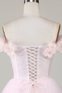 Off the Shoulder Pink 3D Floral Short Party Dress
