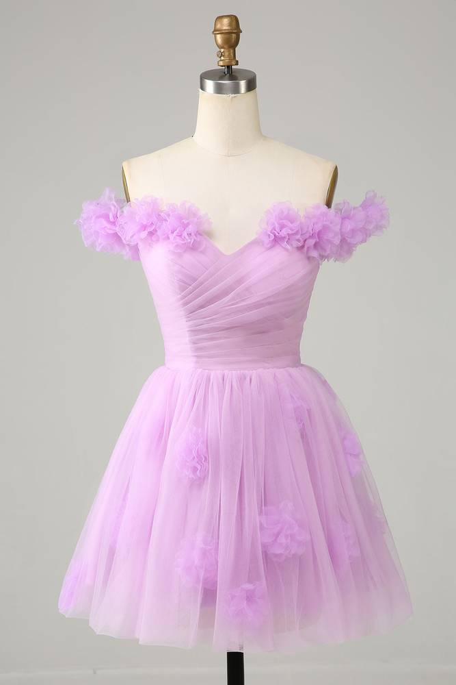 Off the Shoulder Lilac 3D Floral Short Party Dress