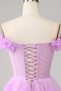 Off the Shoulder Lilac 3D Floral Short Party Dress