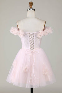 Off the Shoulder Pink 3D Floral Short Party Dress