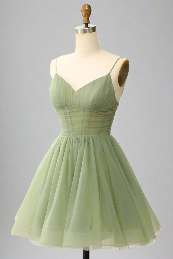 A-Line V-Neck Sage Green Pleated Short Homecoming Dress-Fancyvestido FancyVestido A-Line V-Neck Sage Green Pleated Short Homecoming Dress-Fancyvestido FancyVestido