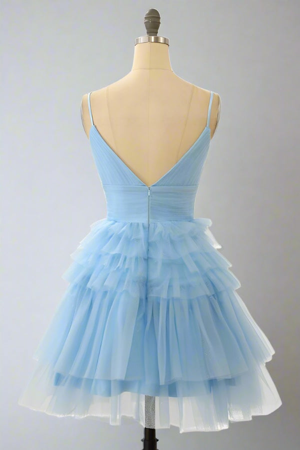 Straps Light Blue V-Neck Ruffle Homecoming Dress