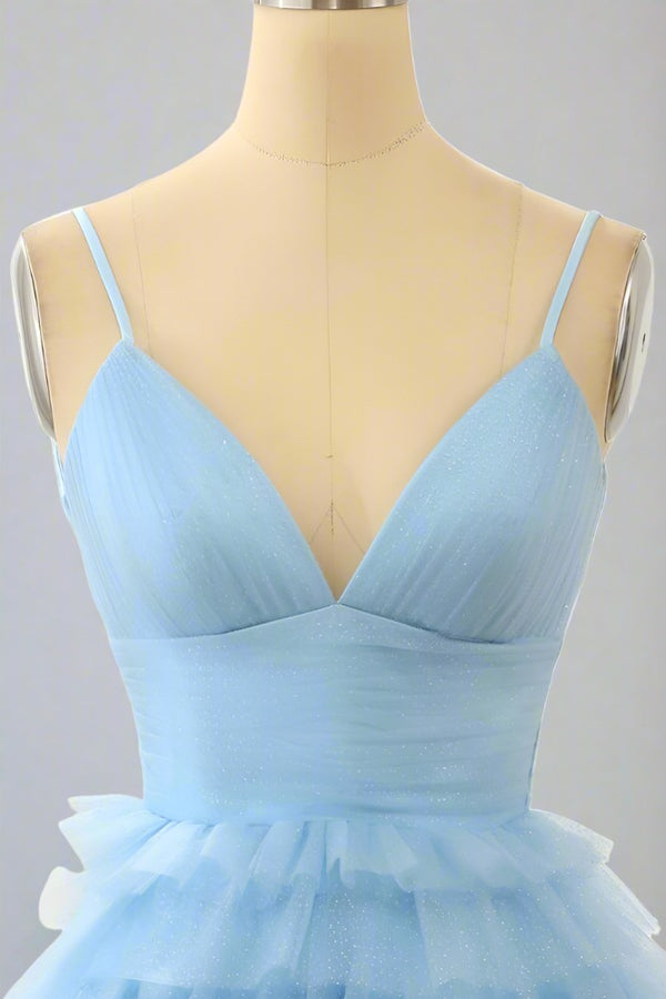 Straps Light Blue V-Neck Ruffle Homecoming Dress
