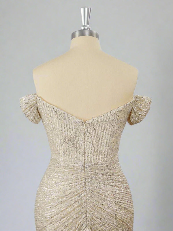Off the Shoulder Sliver Sequin Ruched Mini Homecoming Dress