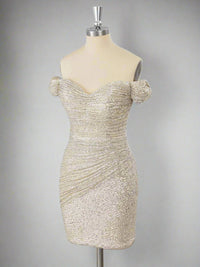 Off the Shoulder Sliver Sequin Ruched Mini Homecoming Dress