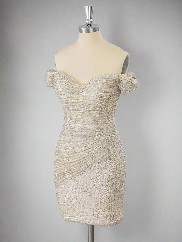 Off the Shoulder Sliver Sequin Ruched Mini Homecoming Dress