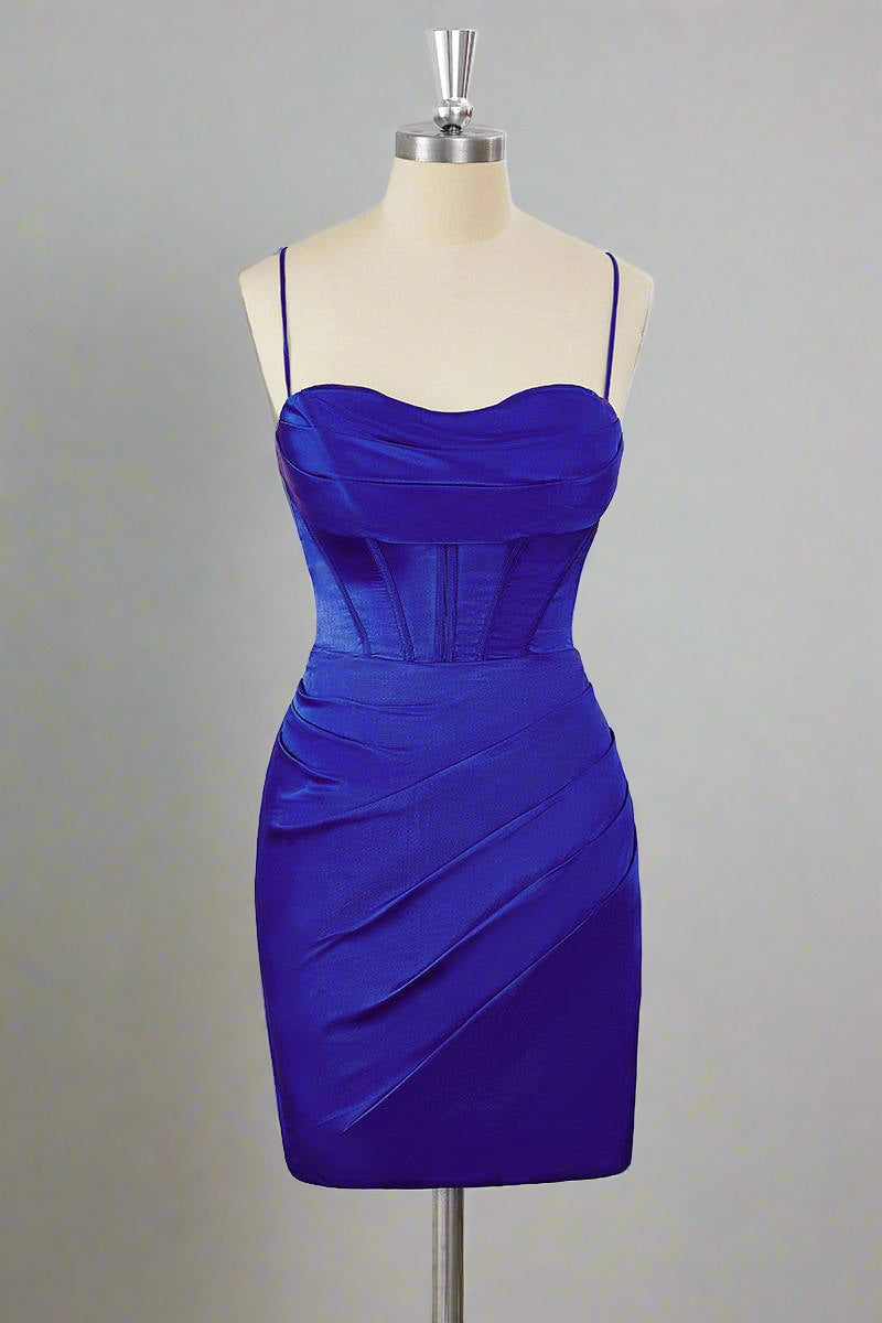 Straps Royal Blue Pleated Bodycon Homecoming Dress