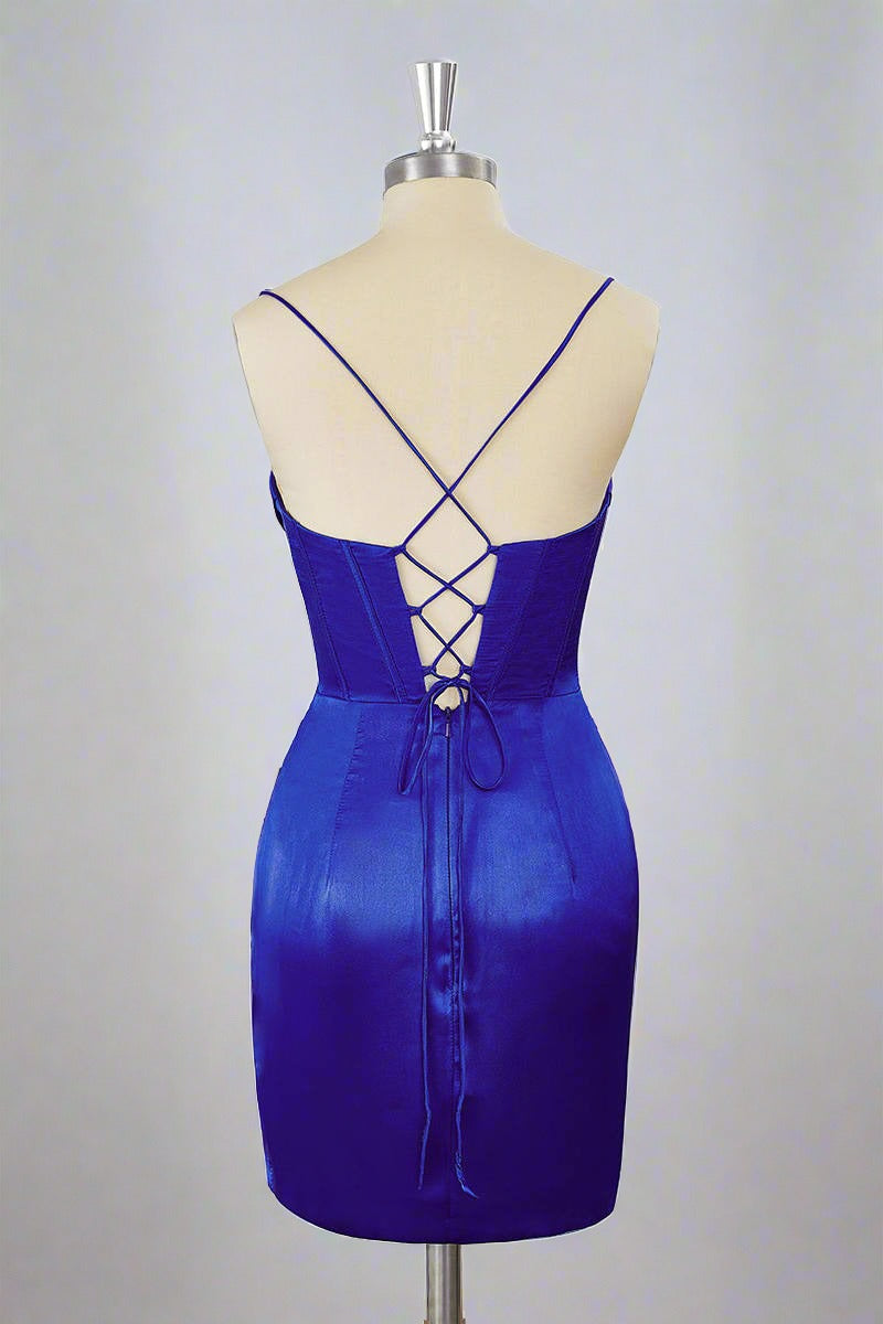 Straps Royal Blue Pleated Bodycon Homecoming Dress