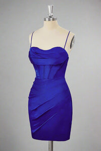 Straps Royal Blue Pleated Bodycon Homecoming Dress