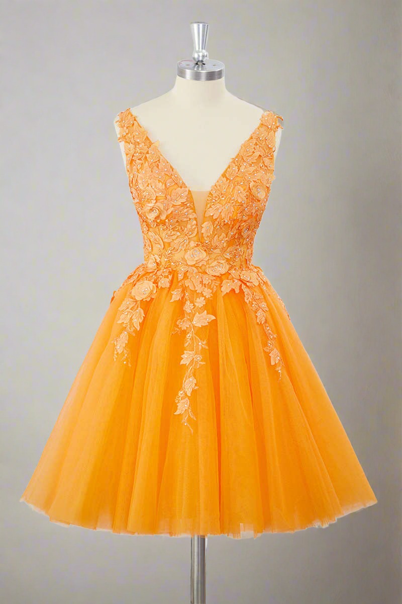 V-Neck Orange 3D Floral A-Line Short Homecoming Dress