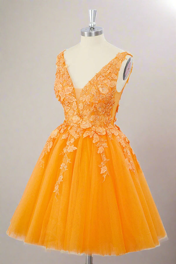 V-Neck Orange 3D Floral A-Line Short Homecoming Dress