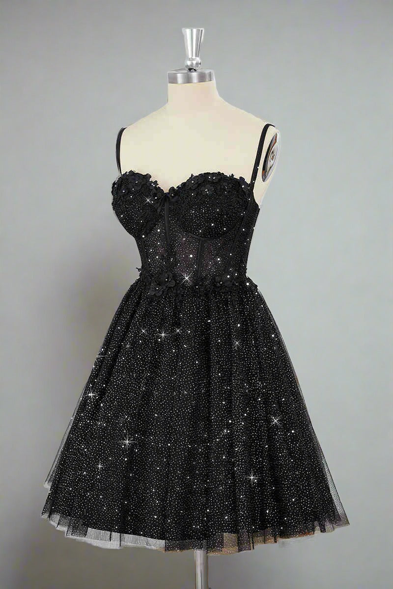 Straps Black Corset A-Line Tulle Homecoming Dress