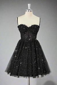Straps Black Corset A-Line Tulle Homecoming Dress