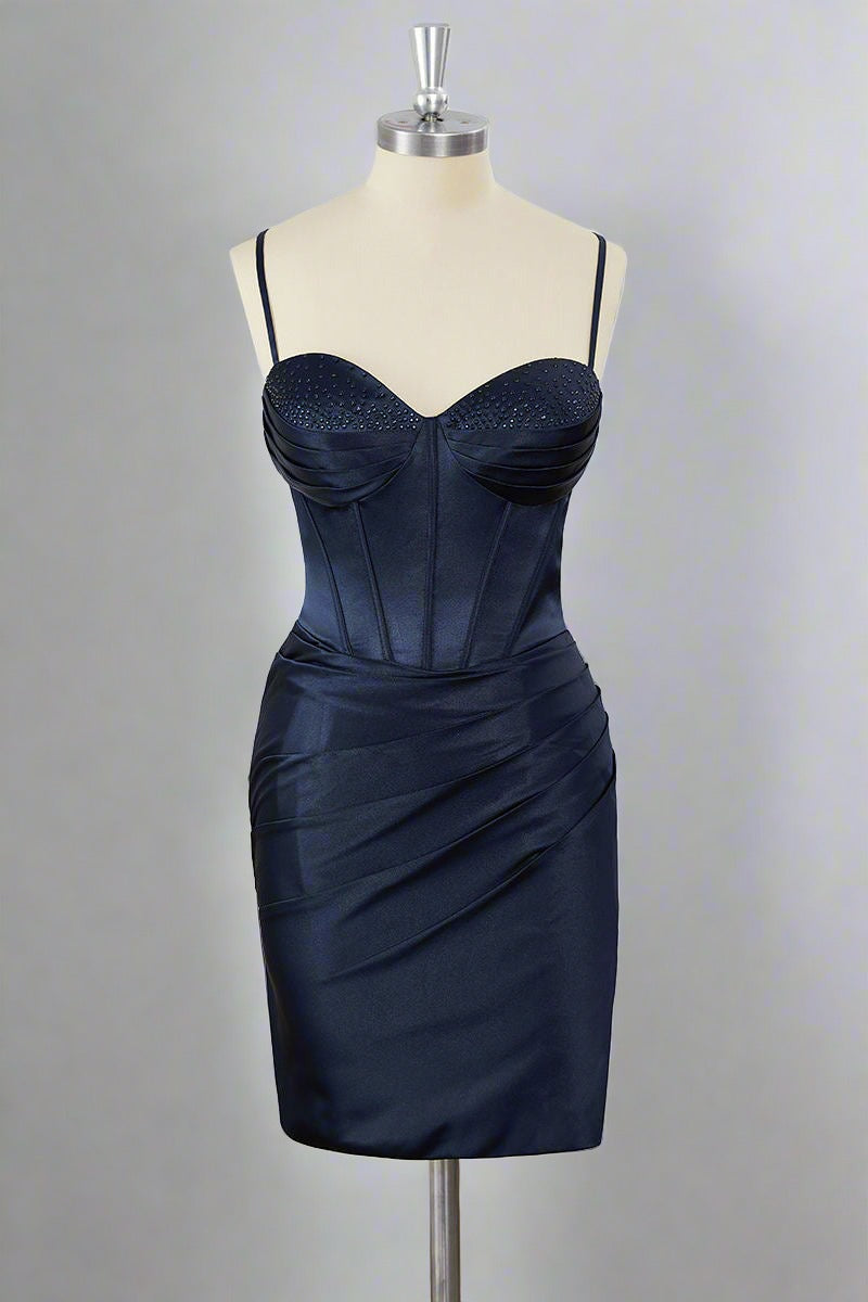 Lace-Up Sweetheart Navy Blue Ruched Homecoming Dress
