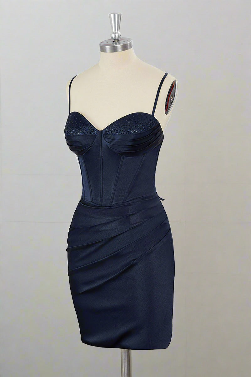 Lace-Up Sweetheart Navy Blue Ruched Homecoming Dress