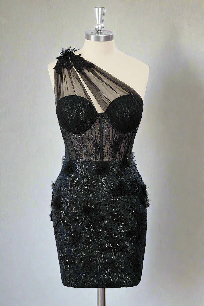 One Shoulder Black Corset Appliques Mini Dress-Fancyvestido FancyVestido One Shoulder Black Corset Appliques Mini Dress-Fancyvestido FancyVestido