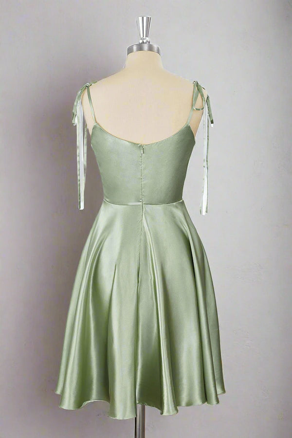 Tie Shoulder Sage Green Cowl Neck A-Line Short Party Dress