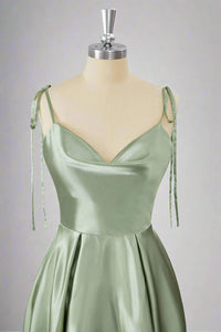 Tie Shoulder Sage Green Cowl Neck A-Line Short Party Dress