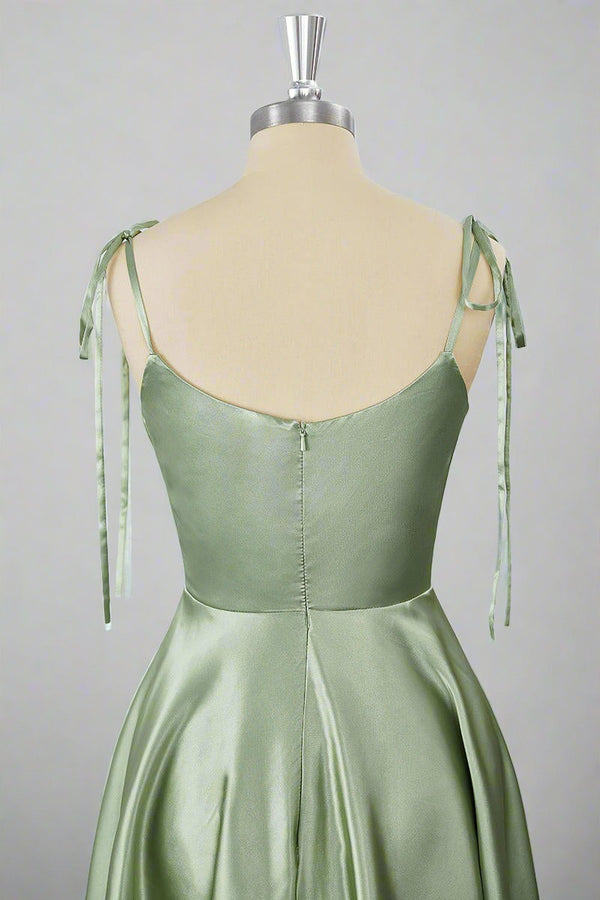 Tie Shoulder Sage Green Cowl Neck A-Line Short Party Dress