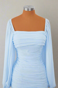 Square Neck Light Blue Long Sleeves Pleated Mini Dress