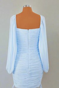 Square Neck Light Blue Long Sleeves Pleated Mini Dress