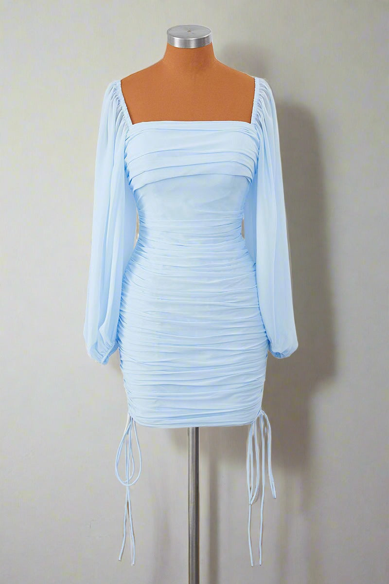 Square Neck Light Blue Long Sleeves Pleated Mini Dress