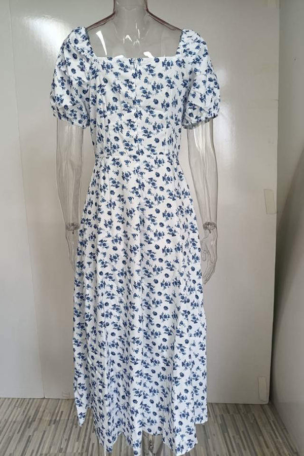 Blue French Floral Square Neck Puff Sleeve Midi Dress