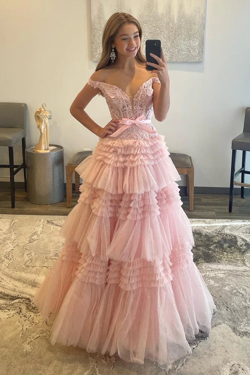 Off-Shoulder A-line Tulle Ruffles Layers Applique Long Prom Dress FancyVestido Off-Shoulder A-line Tulle Ruffles Layers Applique Long Prom Dress FancyVestido