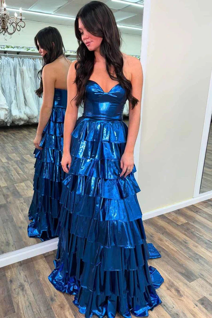 Metallic A-Line Sweetheart Ruffle Tiered Long Prom Dress FancyVestido Metallic A-Line Sweetheart Ruffle Tiered Long Prom Dress FancyVestido