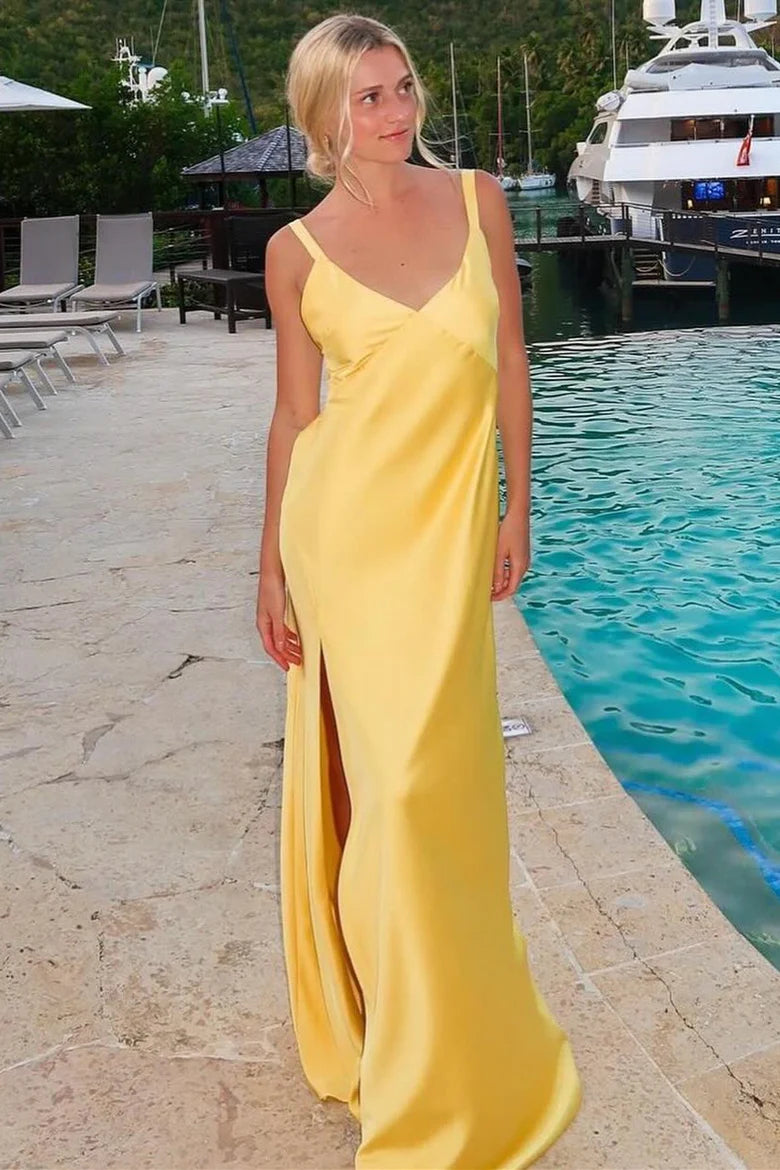 Yellow Straps V-Neck Slit Maxi Dress with Lace-up  FancyVestido