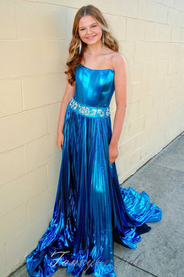 Metallic Gold Strapless Beaded Prom Dress with Slit