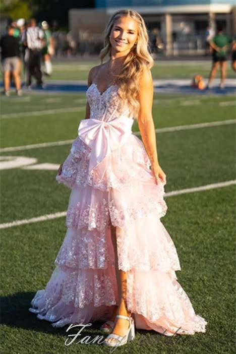 Strapless Applique Ruffle Silt Prom Dress with Bow