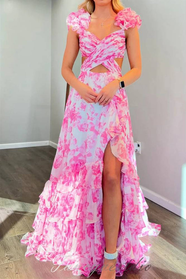 Straps Blue Floral Print Layered Long Prom Dress
