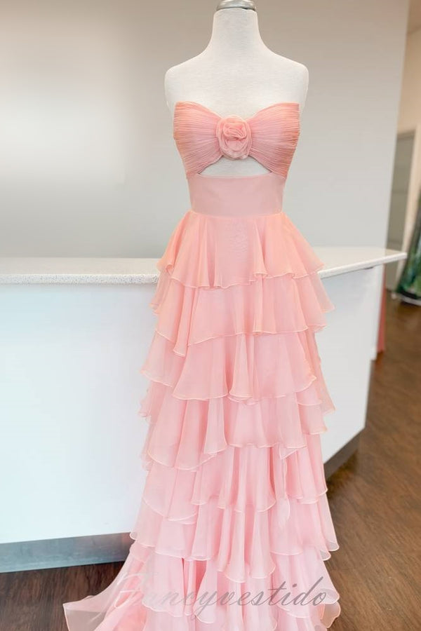 Strapless Chiffon Ruffle A-Line Slit Prom Dress with Floral