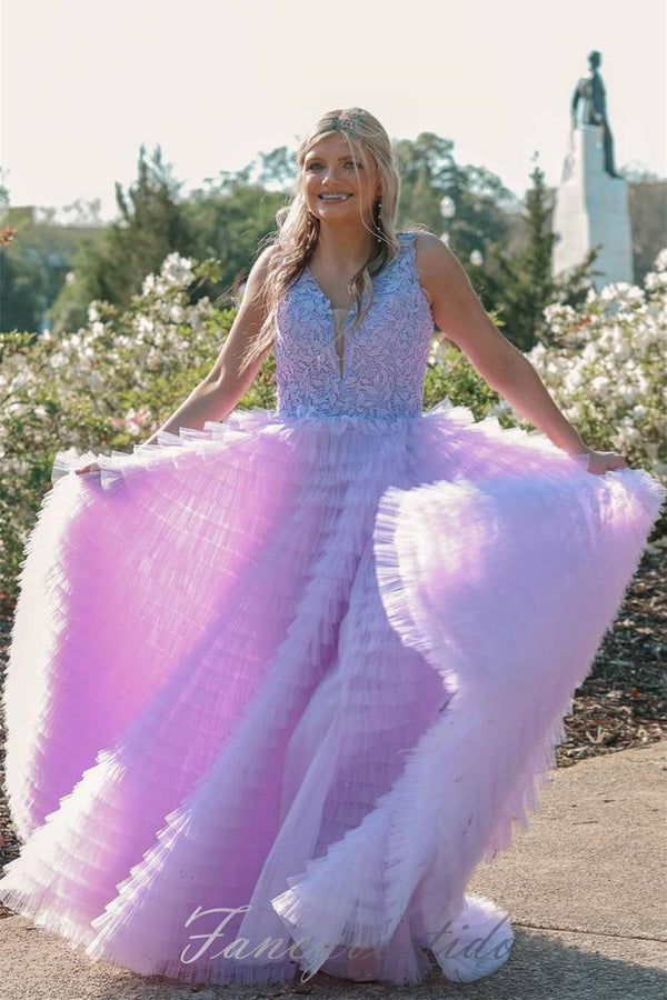 V-Neck Applique Ruffle A-Line Prom Dress with Slit