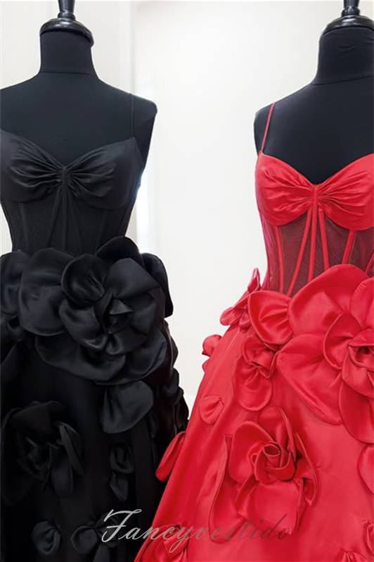 Spaghetti Straps A-Line Prom Dress with 3D Floral
