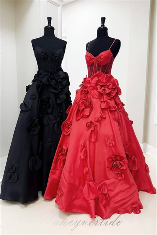 Spaghetti Straps A-Line Prom Dress with 3D Floral