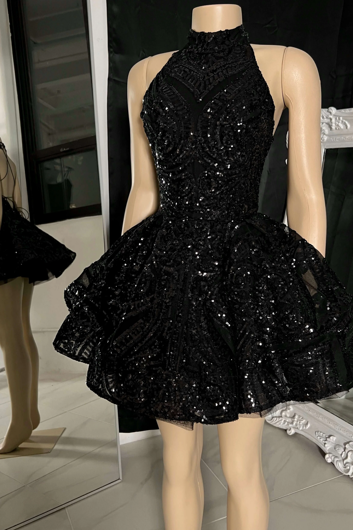 Glitter Halter Black A-Line Sequin Homecoming Dress
