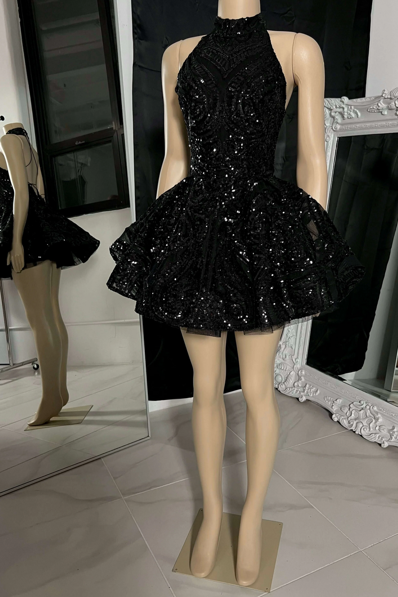Glitter Halter Black A-Line Sequin Homecoming Dress
