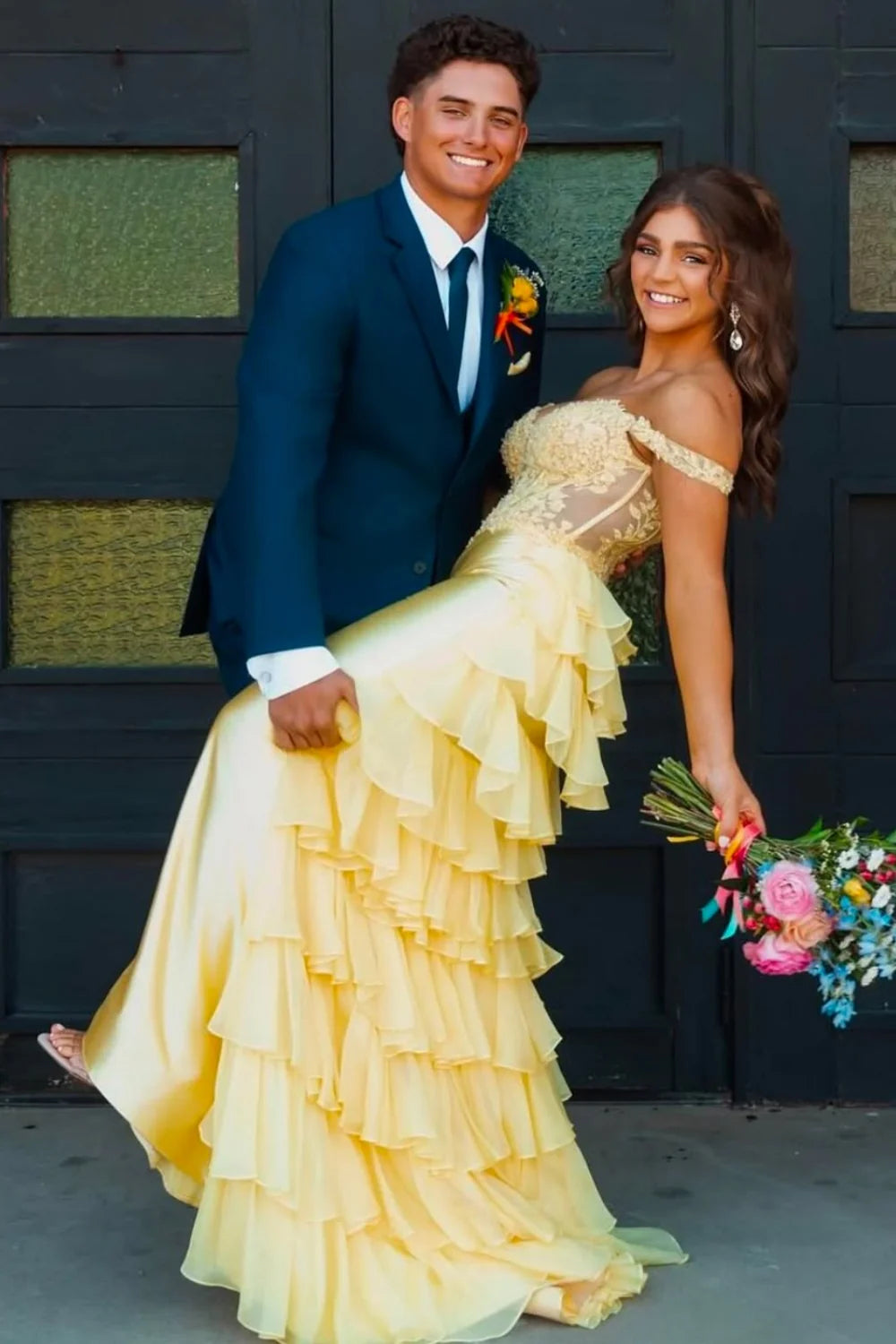 Off the Shoulder Applique Mermaid Prom Dress with Ruffle Back