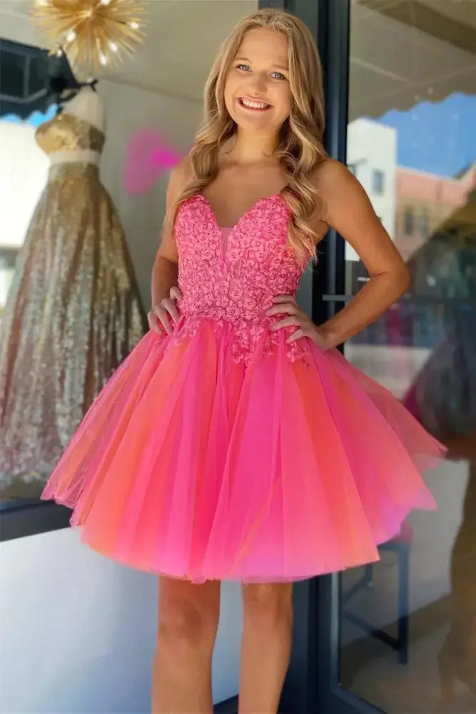 Hot Pink Spaghetti Straps Homecoming Dress Applique A-line FancyVestido Hot Pink Spaghetti Straps Homecoming Dress Applique A-line FancyVestido