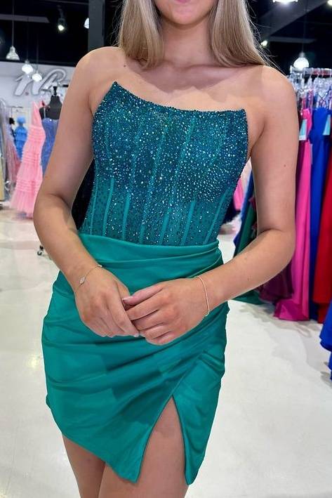 green emerald velvet dress Zapaka Women Dark Green Homecoming Dress with 3D Flowers Strapless A Line Tulle Short Prom Dress, Dark Green / US4