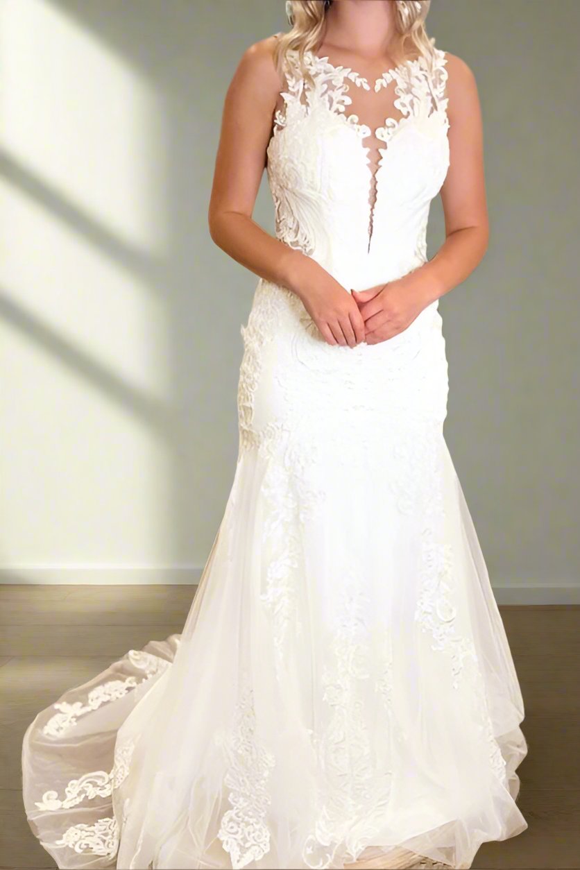 applique mermaid wedding dress Plunging Neck Applique Mermaid Wedding Dress with Illusion Neck –  FancyVestido