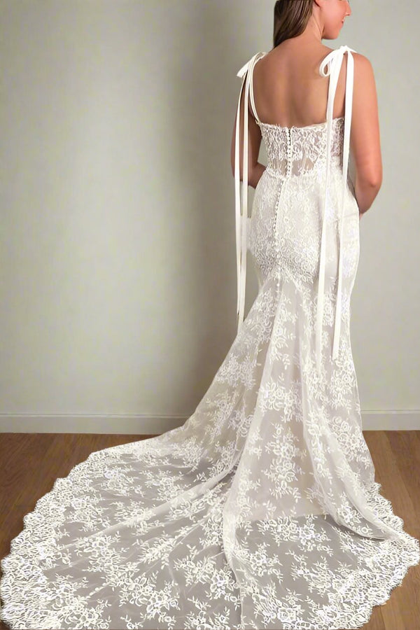 Lace Mermaid Wedding Dress with Bow Tie Straps 