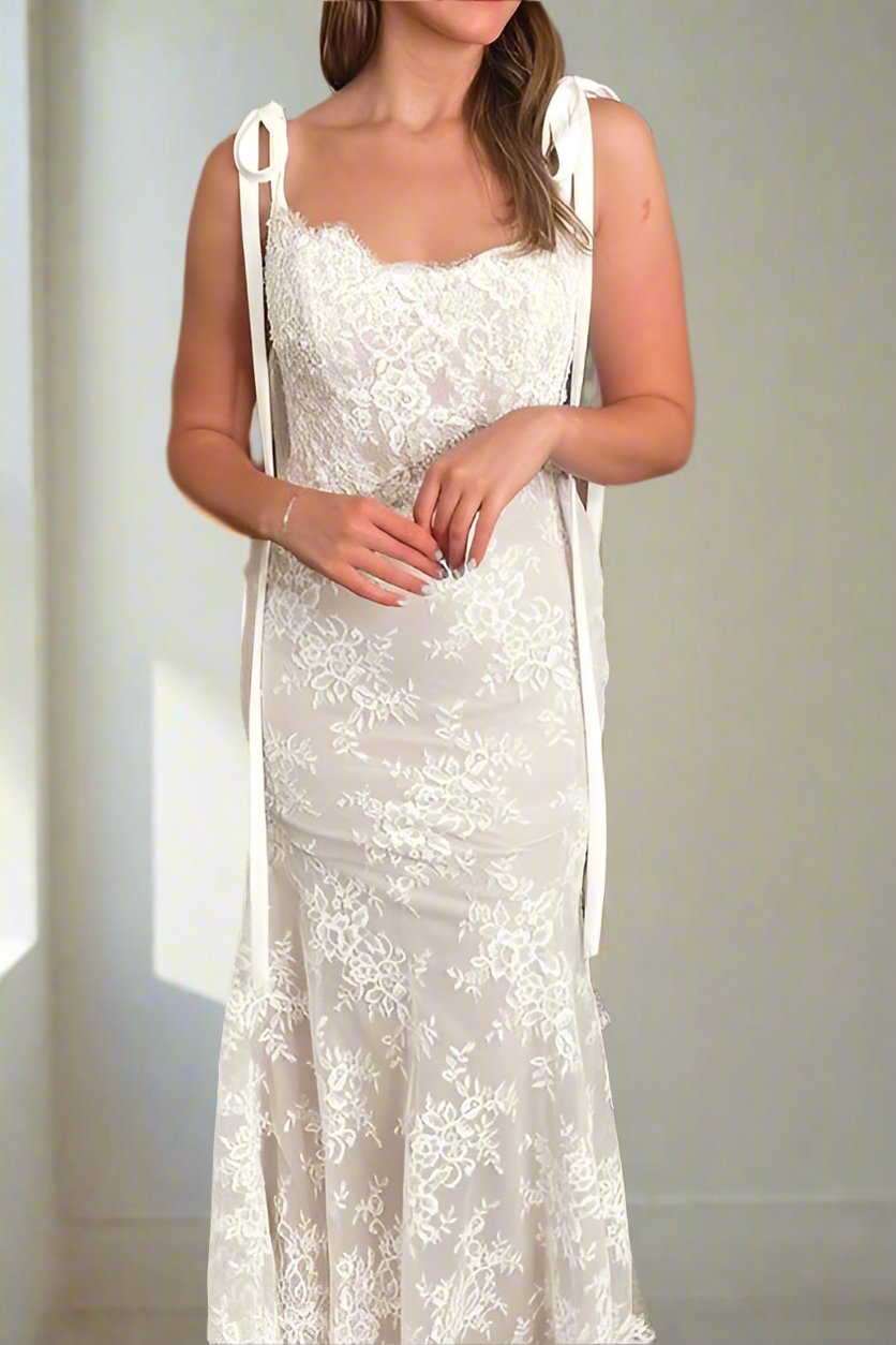 Lace Mermaid Wedding Dress with Bow Tie Straps – FancyVestido