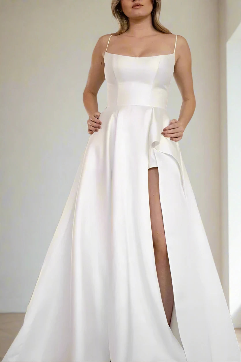 Scoop Neck Satin Wedding Dress with High Slit  FancyVestido