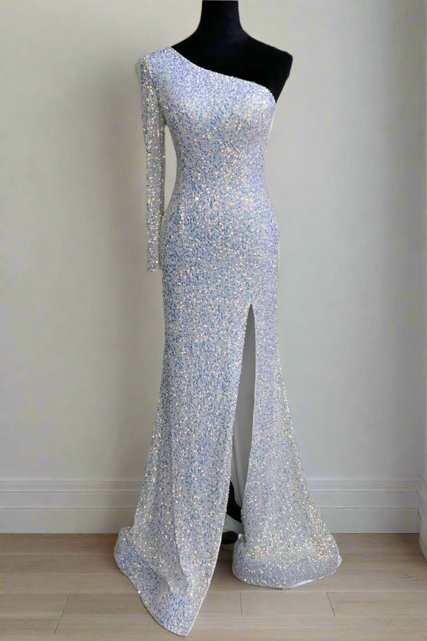 One Shoulder White Sequins Long Prom Dress with Slit – FancyVestido